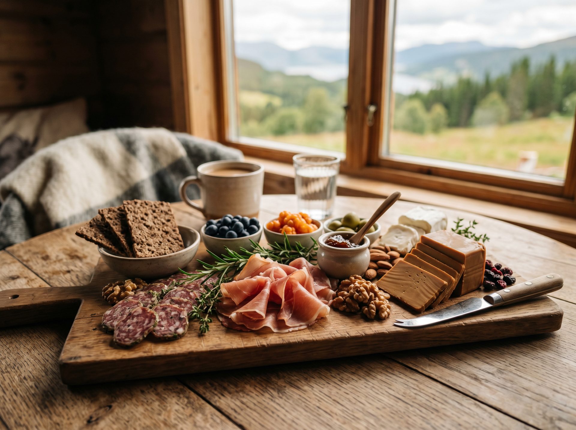 Norsk charcuterie-brett med lokale råvarer ved et vindu med fjellutsikt