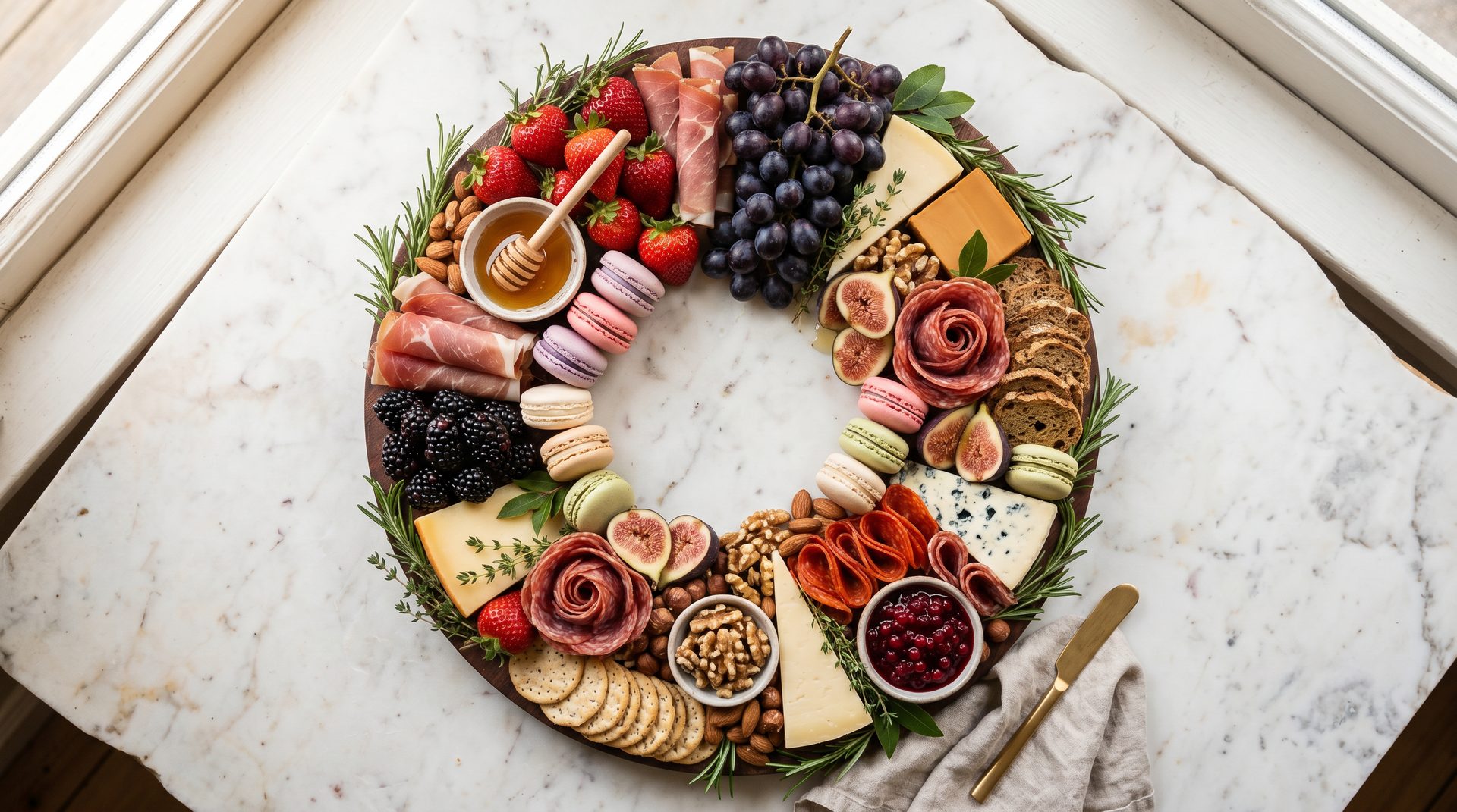 Håndlaget charcuterie-brett med frukt, oster og kjøtt i kransmønster